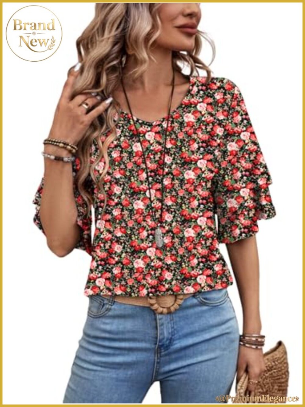 Women's Ruffle 3/4 Sleeve V Neck Blouse - Polyester Spandex Blend, Floral,